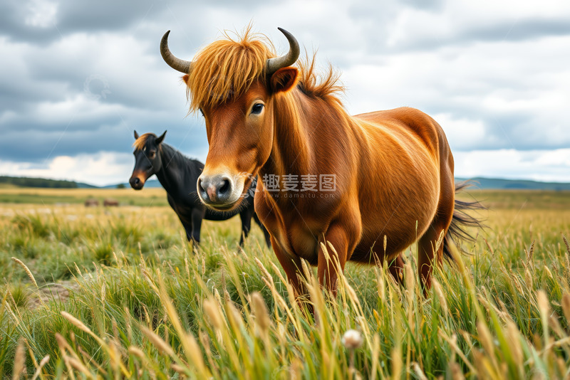 高清大图下载【趣麦麦图】草原上站立的牛与马