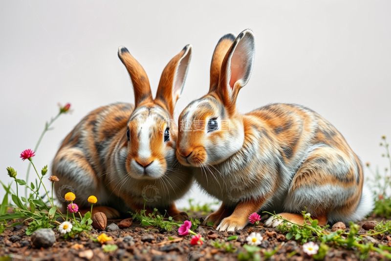 高清大图下载【趣麦麦图】两只兔子依偎在花丛中