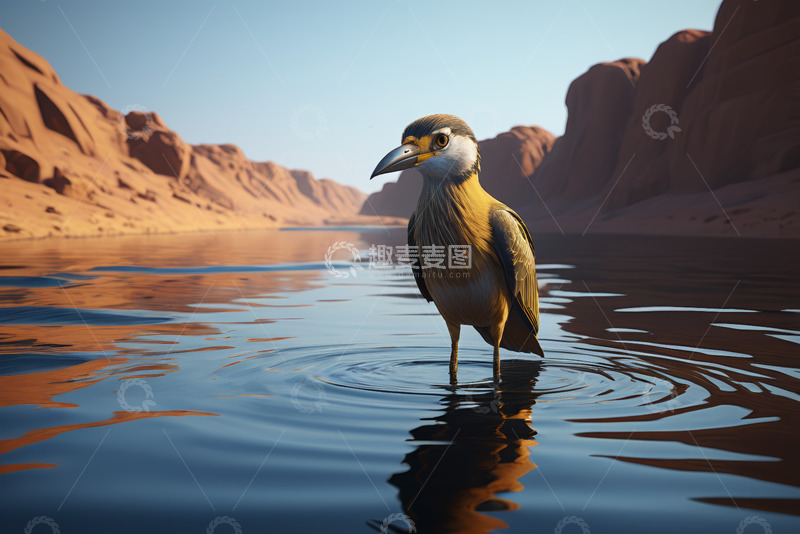 高清大图下载【趣麦麦图】水边站立的鸟与红岩景观