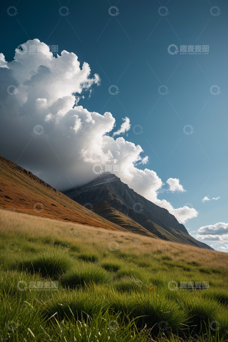 高清大图下载【趣麦麦图】蓝天白云下的山景与草地