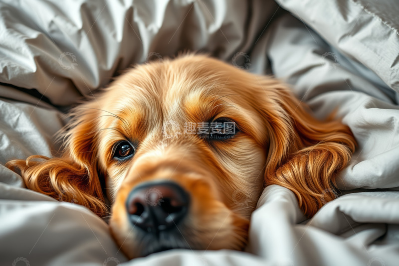 高清大图下载【趣麦麦图】趴在被子上的金毛犬
