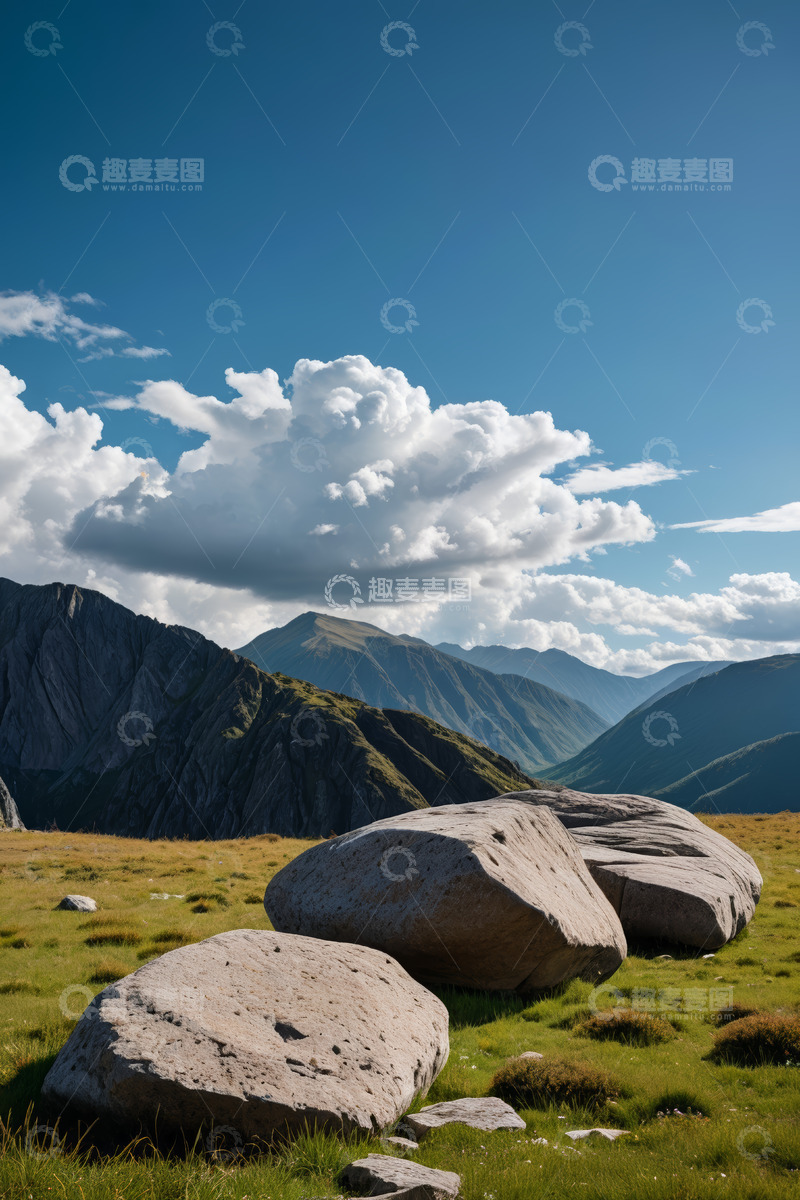 高清大图下载【趣麦麦图】高山草甸巨石与蓝天白云景观