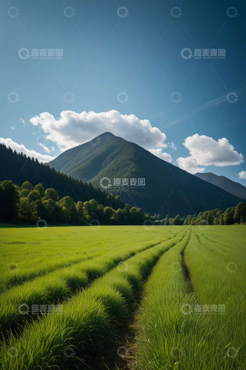 高清大图下载【趣麦麦图】绿色田野与远山自然风光