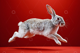 红色背景上跳跃的兔子
