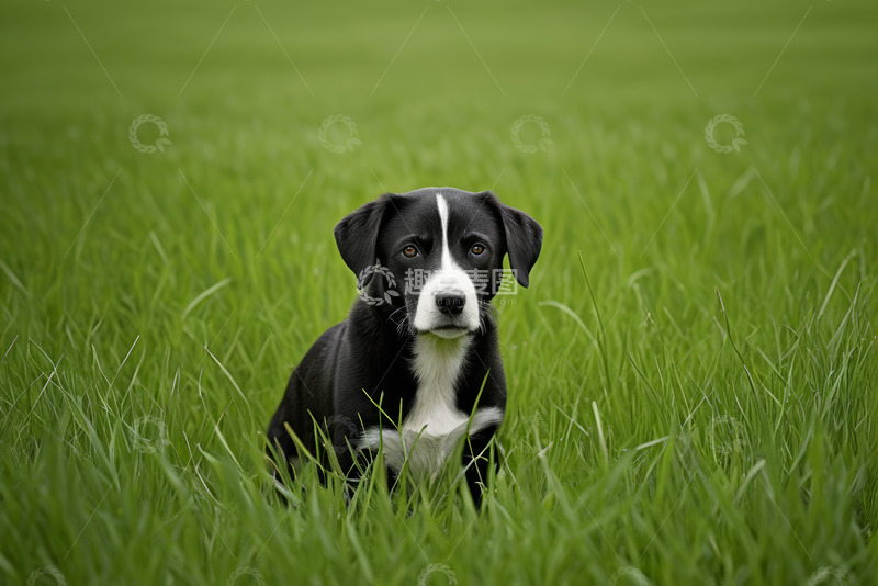 高清大图下载【趣麦麦图】草地上的黑白小狗