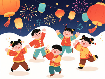 卡通春节欢乐庆祝插画