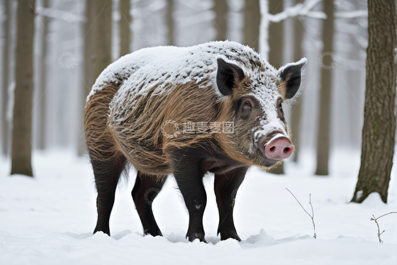 高清大图下载【趣麦麦图】雪林中的野猪特写