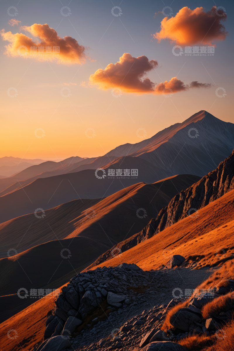 高清大图下载【趣麦麦图】户外夕阳下连绵山脉景色