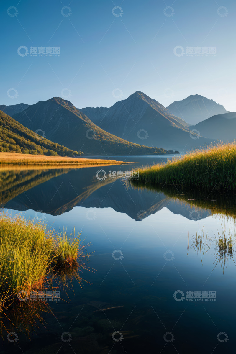 高清大图下载【趣麦麦图】静谧湖泊与远山自然风光