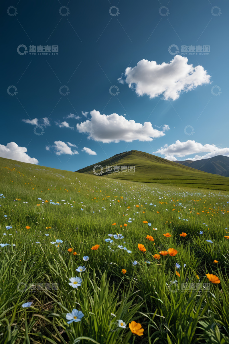 高清大图下载【趣麦麦图】草原上的多彩野花与蓝天