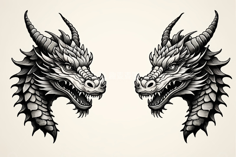 高清大图下载【趣麦麦图】黑白双龙头部艺术图像