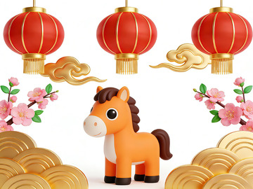 喜庆新年马儿金币灯笼插画