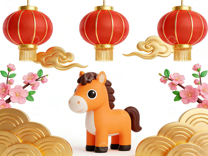 高清大图下载【趣麦麦图】喜庆新年马儿金币灯笼插画