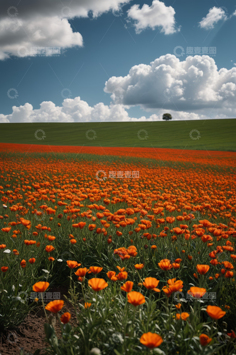 高清大图下载【趣麦麦图】户外橙色花海与蓝天白云景观