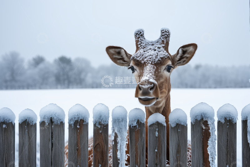 高清大图下载【趣麦麦图】雪中长颈鹿探头木栅栏