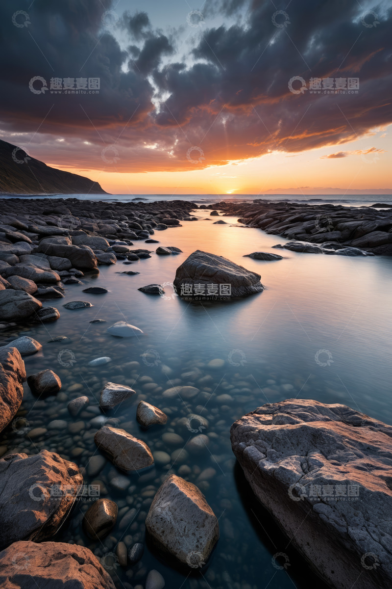 高清大图下载【趣麦麦图】海边岩石滩日出景象