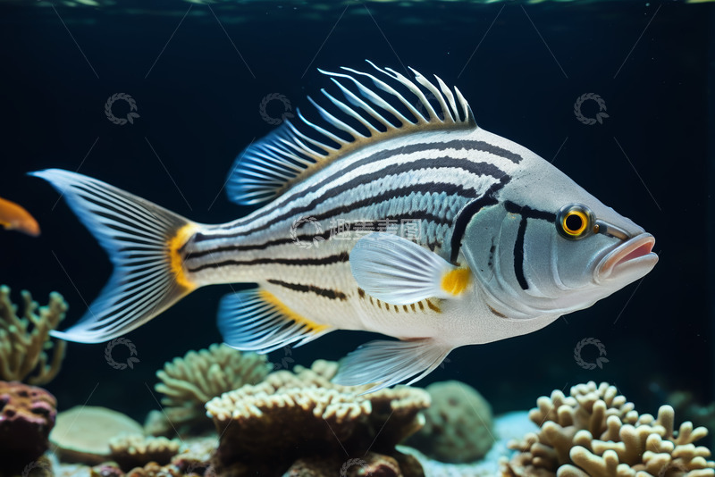 高清大图下载【趣麦麦图】水族馆内条纹鱼游动画面