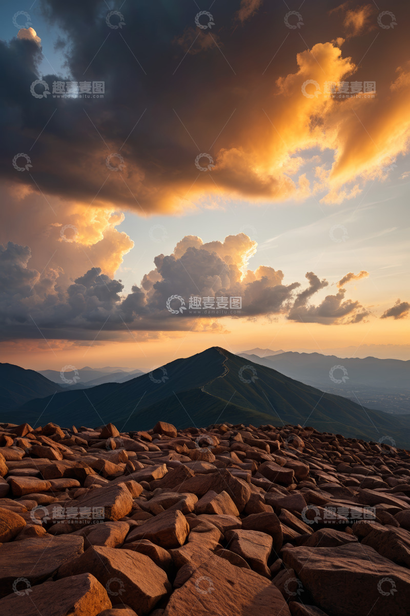 高清大图下载【趣麦麦图】山间日落时分云霞岩石景观