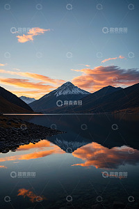 湖畔雪山与天空晚霞美景