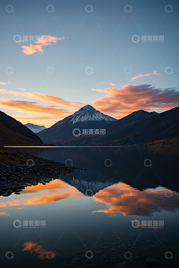 湖畔雪山与天空晚霞美景