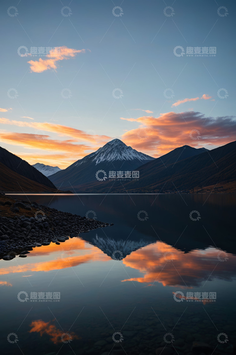 湖畔雪山与天空晚霞美景