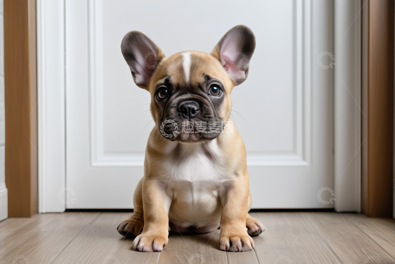 高清大图下载【趣麦麦图】室内坐着的法国斗牛犬幼犬