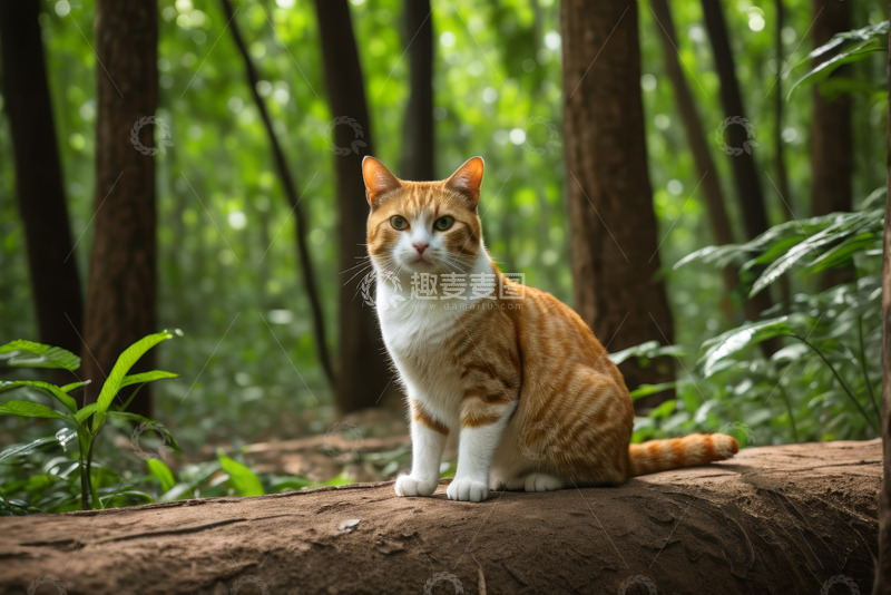 高清大图下载【趣麦麦图】森林中坐着的橘白相间猫咪