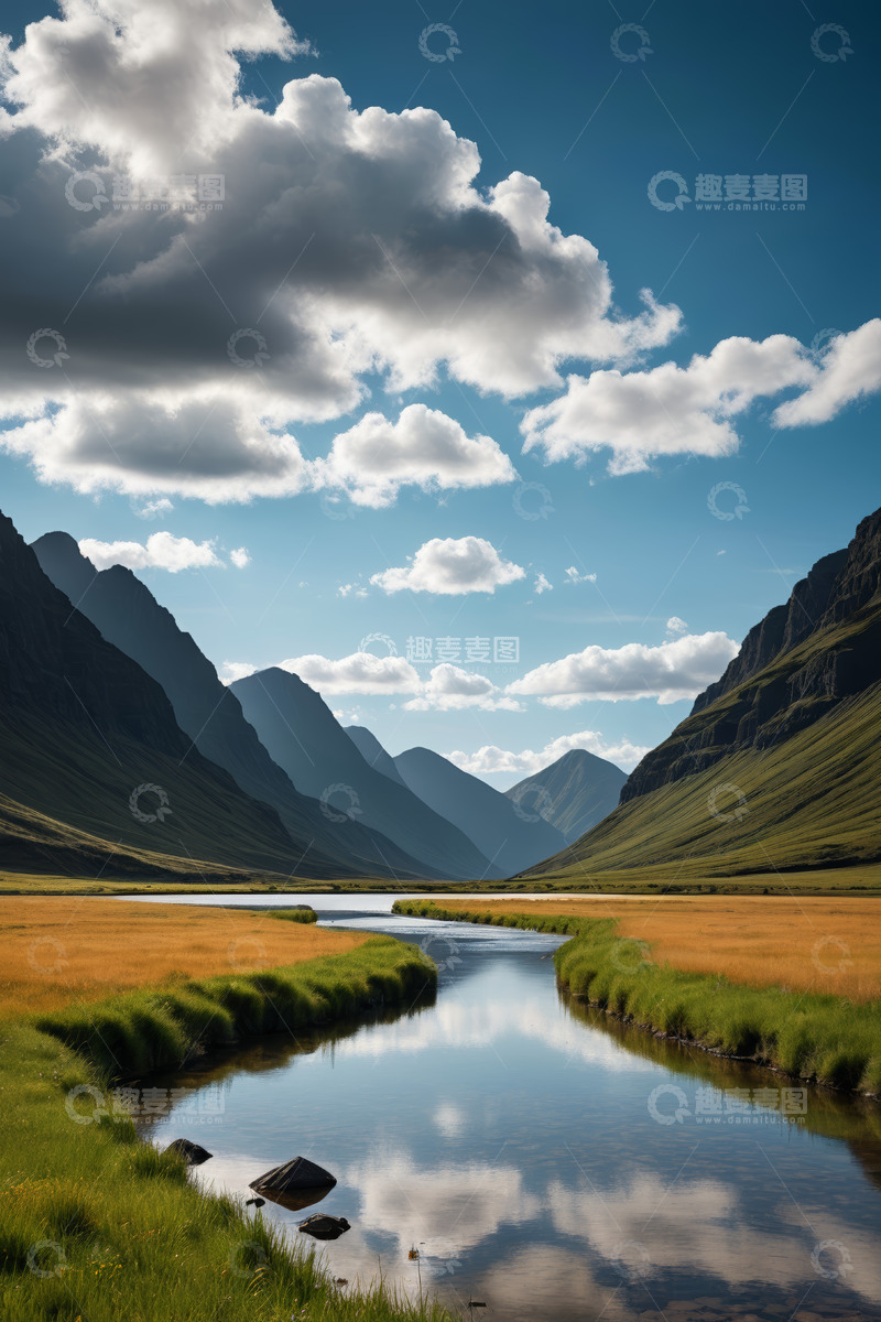 高清大图下载【趣麦麦图】山谷间河流与蓝天白云风景