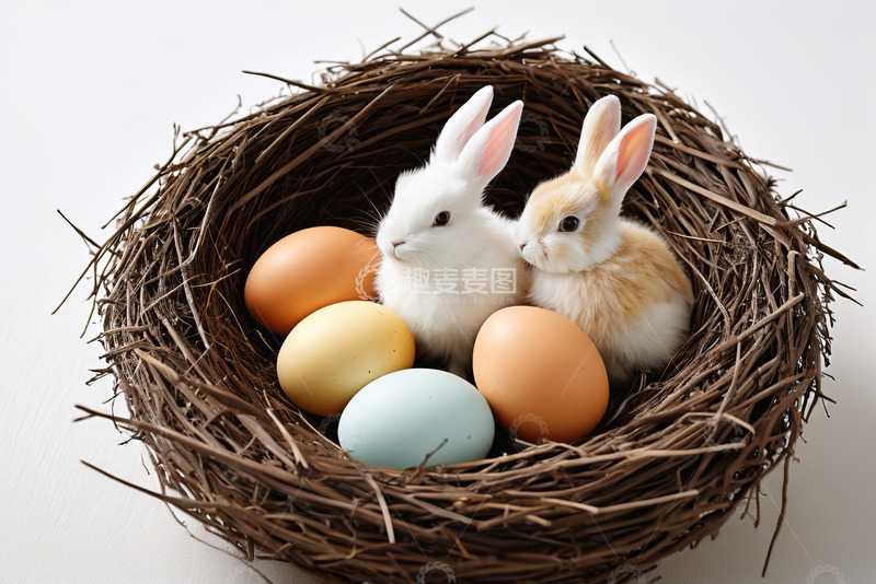 高清大图下载【趣麦麦图】鸟巢中兔子与彩蛋素材
