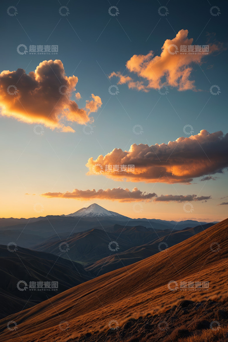 夕阳下远山与彩云风景