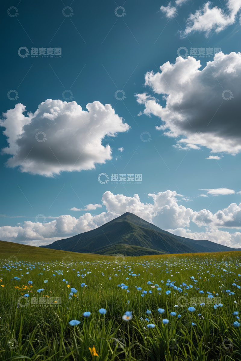 高清大图下载【趣麦麦图】草原花海与远山蓝天白云景观