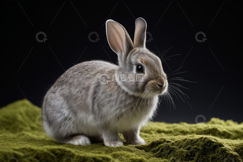 高清大图下载【趣麦麦图】灰色兔子蹲坐绿色背景上