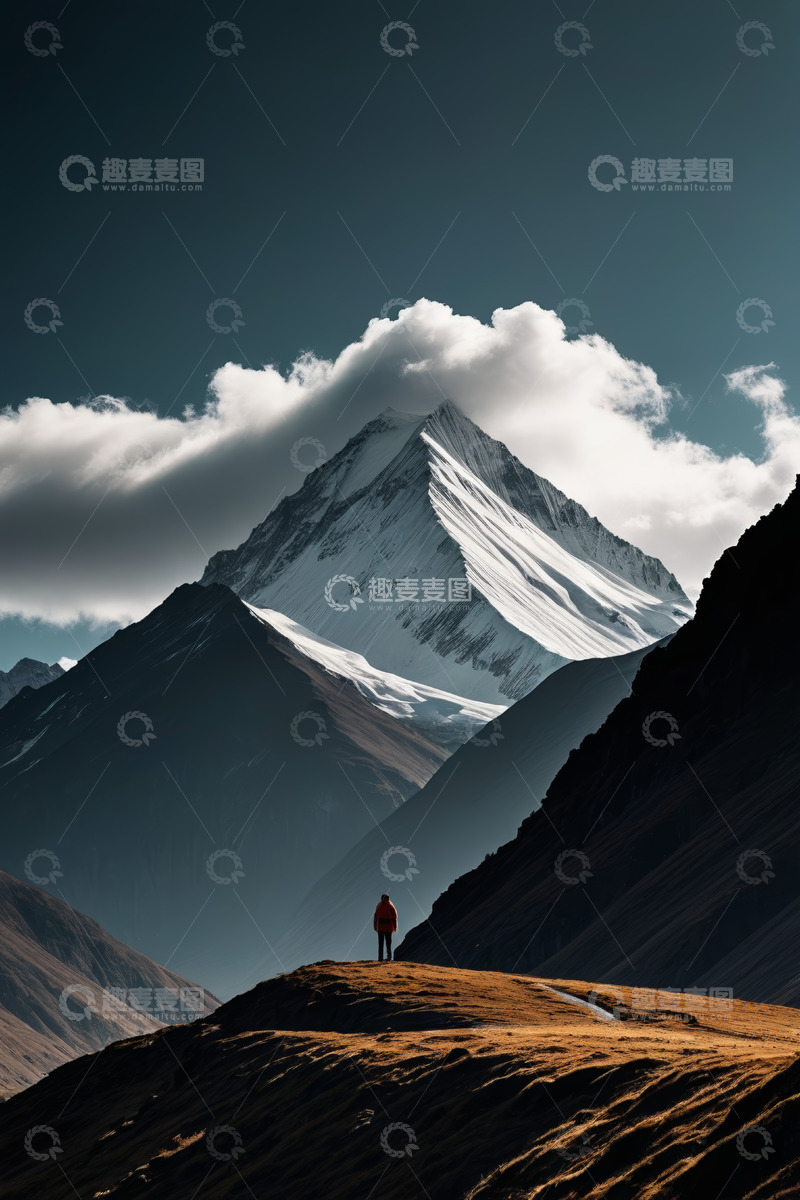 高清大图下载【趣麦麦图】户外单人远眺雪山风景