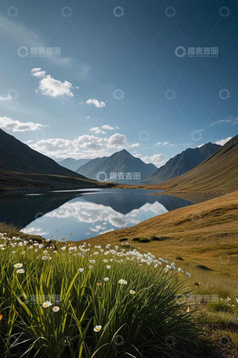 高清大图下载【趣麦麦图】山间湖泊与草地花卉景观