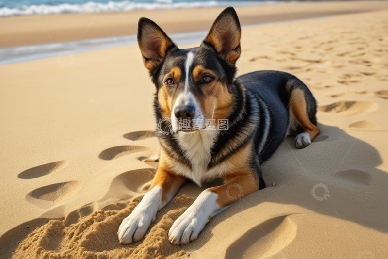 高清大图下载【趣麦麦图】海滩上趴着的宠物狗