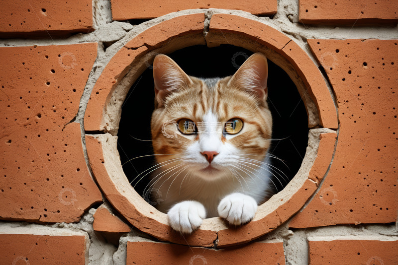 高清大图下载【趣麦麦图】砖墙圆洞中的猫咪