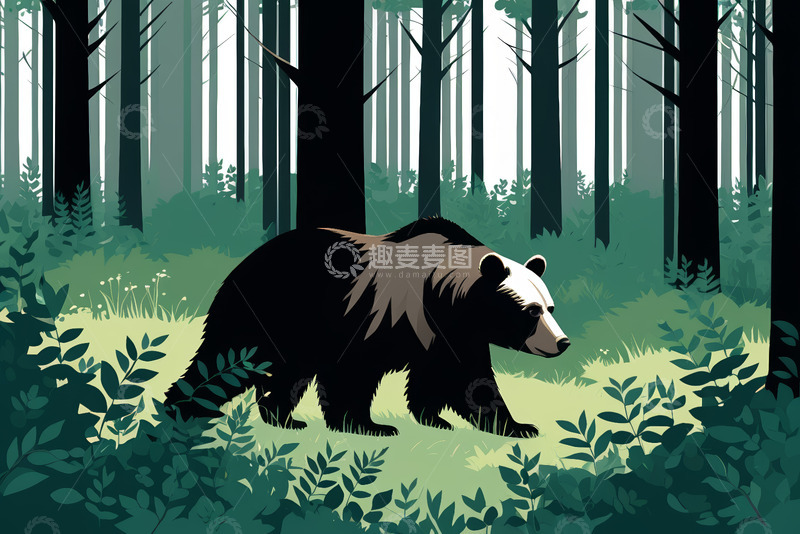 高清大图下载【趣麦麦图】森林中行走的黑熊插画素材