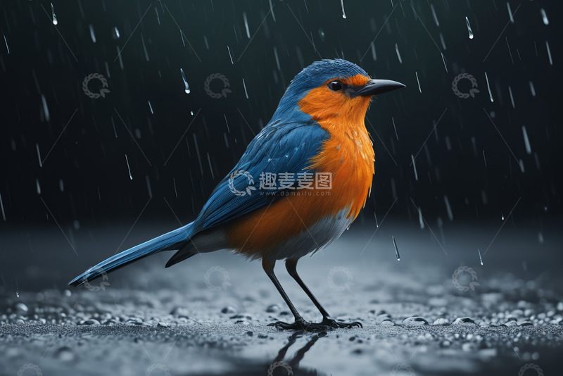 高清大图下载【趣麦麦图】雨中站立的蓝橙相间小鸟