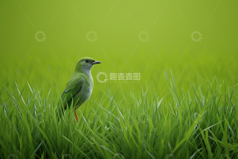 高清大图下载【趣麦麦图】草地上站立的绿色小鸟