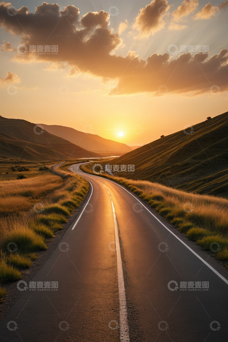 高清大图下载【趣麦麦图】黄昏时分山间公路风景