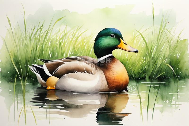 高清大图下载【趣麦麦图】池塘中休憩的绿头鸭