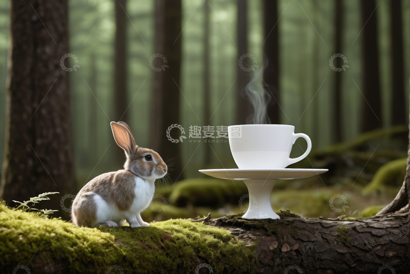 高清大图下载【趣麦麦图】森林中兔子与热气腾腾的咖啡杯