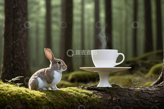 森林中兔子与热气腾腾的咖啡杯