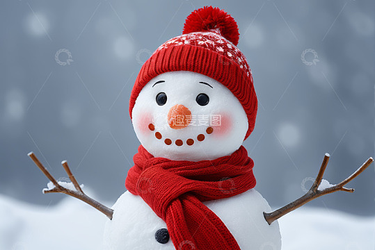 戴红帽围巾的可爱雪人