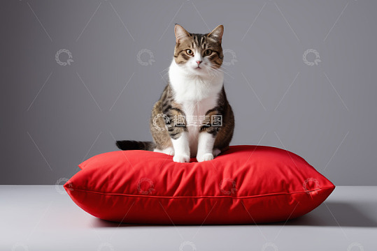 猫咪坐于红色垫子上