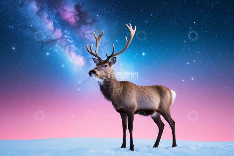高清大图下载【趣麦麦图】星空下雪地中的鹿