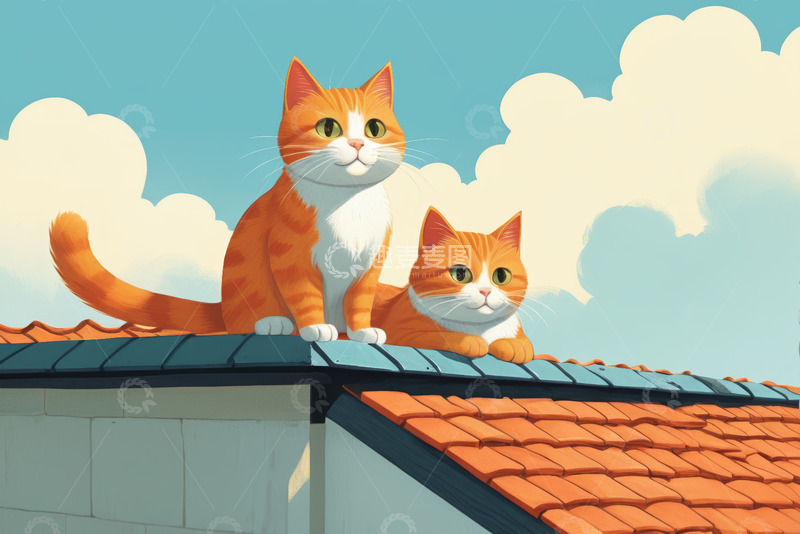 高清大图下载【趣麦麦图】屋顶上的两只橘猫