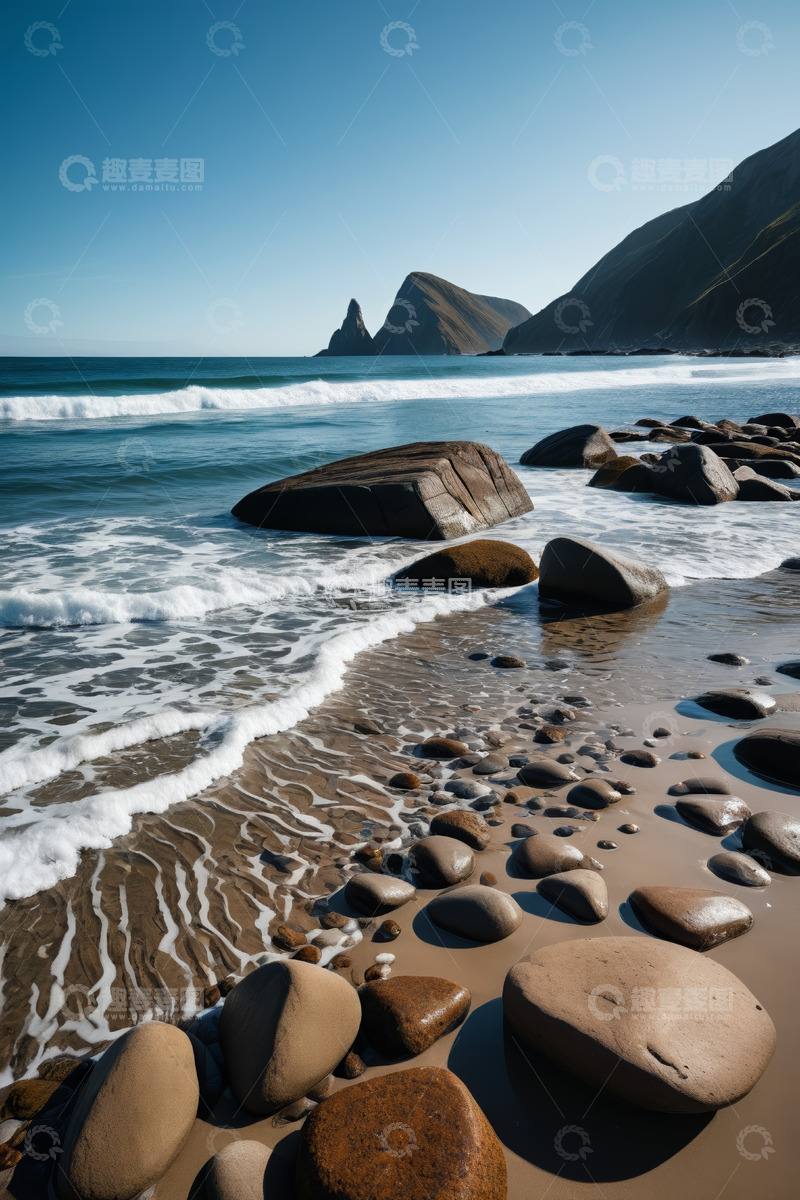 高清大图下载【趣麦麦图】海滩边海浪拍打礁石景象
