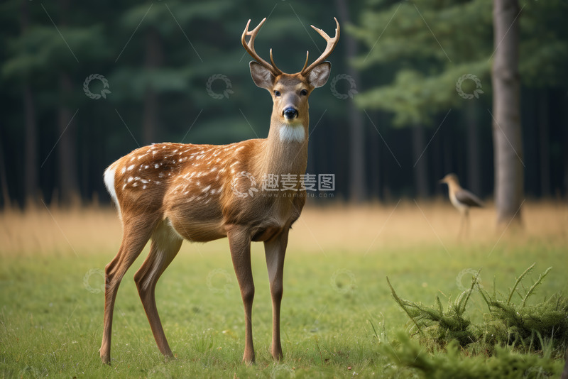 高清大图下载【趣麦麦图】森林中站立的带角梅花鹿
