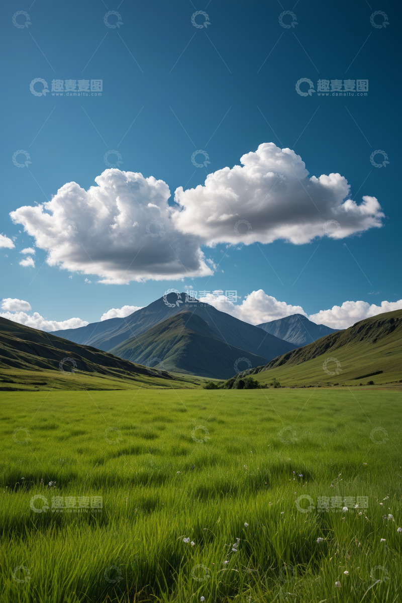 高清大图下载【趣麦麦图】草原远山蓝天白云风景